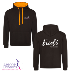 Black hoodie with orange hood inner front and back view featuring the Excel and LESTA logos.