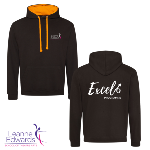 Black hoodie with orange hood inner front and back view featuring the Excel and LESTA logos.
