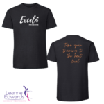 Front and back views of the LESTA Excel t-shirt - a black t-shirt with the white Excel logo on the front and "take your training to the next level" text in orange on the back.