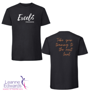 Front and back views of the LESTA Excel t-shirt - a black t-shirt with the white Excel logo on the front and "take your training to the next level" text in orange on the back.