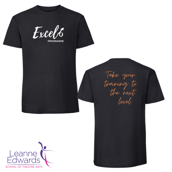 Front and back views of the LESTA Excel t-shirt - a black t-shirt with the white Excel logo on the front and "take your training to the next level" text in orange on the back.