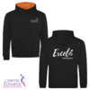 Black hoodie with orange hood inner front and back view featuring the Excel and LESTA logos.