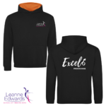 Black hoodie with orange hood inner front and back view featuring the Excel and LESTA logos.