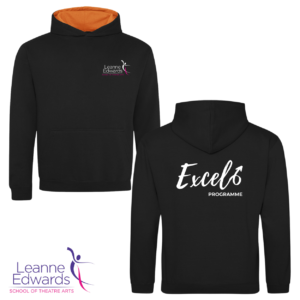 Black hoodie with orange hood inner front and back view featuring the Excel and LESTA logos.