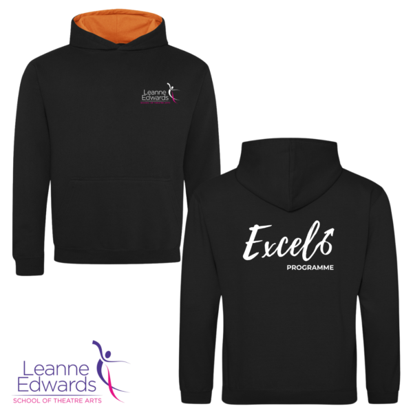 Black hoodie with orange hood inner front and back view featuring the Excel and LESTA logos.