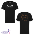 Front and back views of the LESTA Excel t-shirt - a black t-shirt with the white Excel logo on the front and "take your training to the next level" text in orange on the back.
