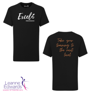 Front and back views of the LESTA Excel t-shirt - a black t-shirt with the white Excel logo on the front and "take your training to the next level" text in orange on the back.