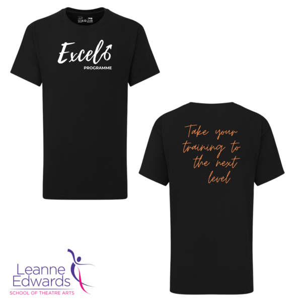 Front and back views of the LESTA Excel t-shirt - a black t-shirt with the white Excel logo on the front and "take your training to the next level" text in orange on the back.