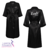 Front and back views of a black dressing robe featuring the Excel logo on the back and LESTA logo on the front.