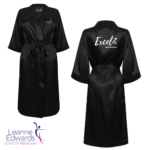 Front and back views of a black dressing robe featuring the Excel logo on the back and LESTA logo on the front.