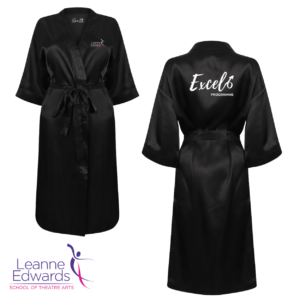 Front and back views of a black dressing robe featuring the Excel logo on the back and LESTA logo on the front.