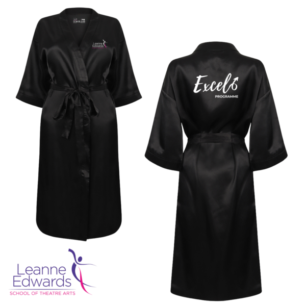 Front and back views of a black dressing robe featuring the Excel logo on the back and LESTA logo on the front.