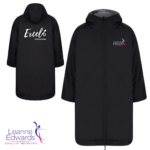 Front and back views of black robes with hoods showing the Excel logo in white on the back and the LESTA logo on the front.