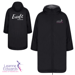 Front and back views of black robes with hoods showing the Excel logo in white on the back and the LESTA logo on the front.