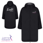 Front and back views of black robes with hoods showing the Excel logo in white on the back and the LESTA logo on the front.