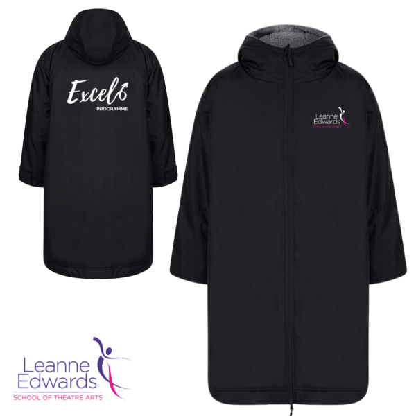 Front and back views of black robes with hoods showing the Excel logo in white on the back and the LESTA logo on the front.