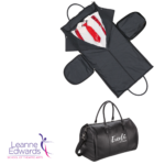 An image of a black weekender bag with the white Excel logo on it, together with an image of the bag unfolded to show that it's also a garment bag with side pockets.
