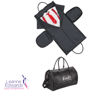 An image of a black weekender bag with the white Excel logo on it, together with an image of the bag unfolded to show that it's also a garment bag with side pockets.