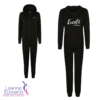 Front and back views of black onesies showing the Excel logo on the back and LESTA logo on the front.