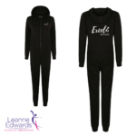 Front and back views of black onesies showing the Excel logo on the back and LESTA logo on the front.