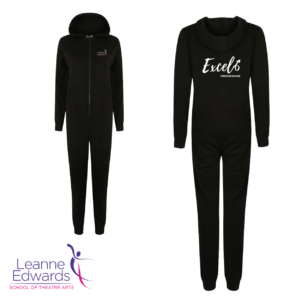 Front and back views of black onesies showing the Excel logo on the back and LESTA logo on the front.