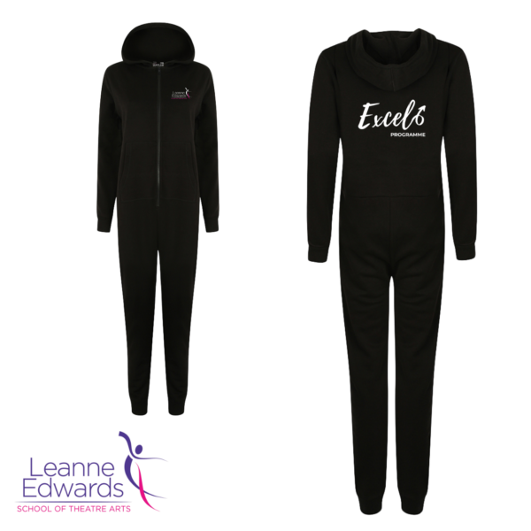 Front and back views of black onesies showing the Excel logo on the back and LESTA logo on the front.