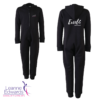 Front and back views of black onesies showing the Excel logo on the back and LESTA logo on the front.