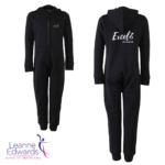 Front and back views of black onesies showing the Excel logo on the back and LESTA logo on the front.