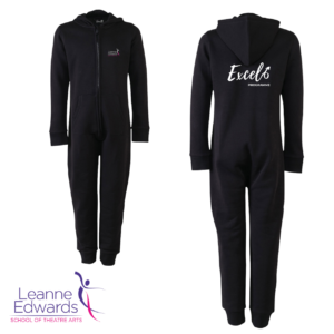 Front and back views of black onesies showing the Excel logo on the back and LESTA logo on the front.