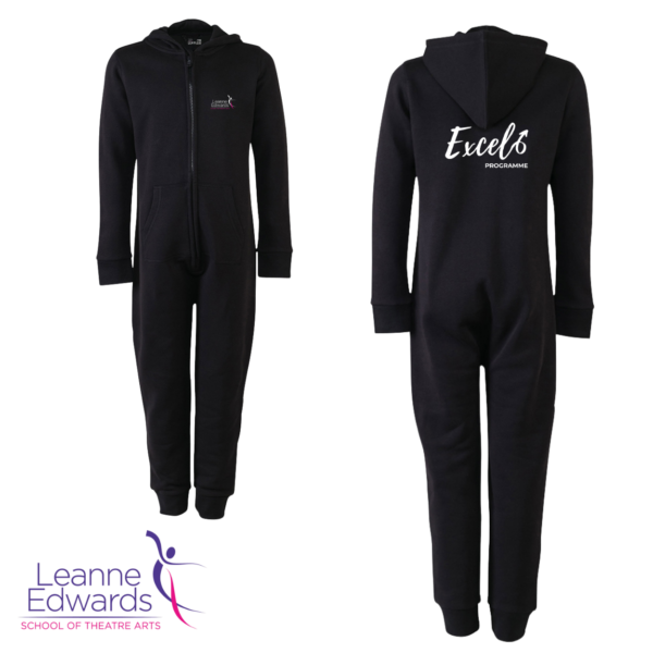 Front and back views of black onesies showing the Excel logo on the back and LESTA logo on the front.