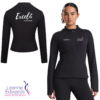 Model wearing a fitted black jacket with the LESTA logo on the front and the back view of the black jacket featuring the Excel logo in the top left corner.