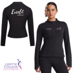 Model wearing a fitted black jacket with the LESTA logo on the front and the back view of the black jacket featuring the Excel logo in the top left corner.
