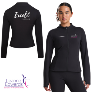 Model wearing a fitted black jacket with the LESTA logo on the front and the back view of the black jacket featuring the Excel logo in the top left corner.