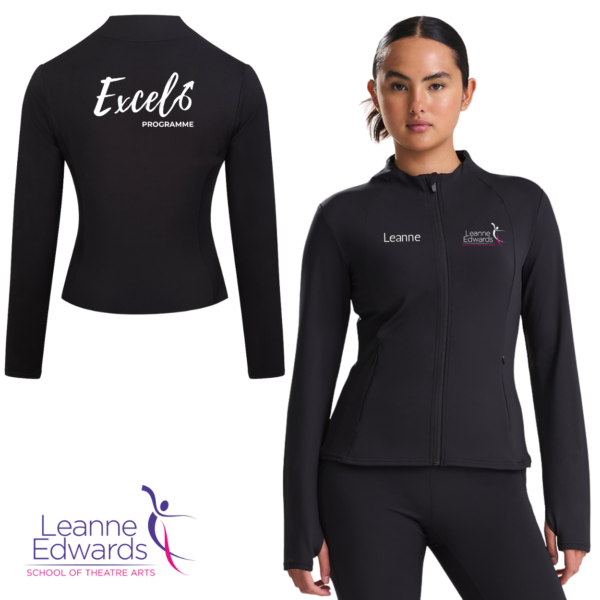 Model wearing a fitted black jacket with the LESTA logo on the front and the back view of the black jacket featuring the Excel logo in the top left corner.