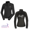 Front view of a fitted black jacket with the LESTA logo on the front and the back view of the black jacket featuring the Excel logo in the top left corner.