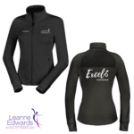 Front view of a fitted black jacket with the LESTA logo on the front and the back view of the black jacket featuring the Excel logo in the top left corner.