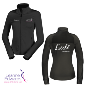 Front view of a fitted black jacket with the LESTA logo on the front and the back view of the black jacket featuring the Excel logo in the top left corner.