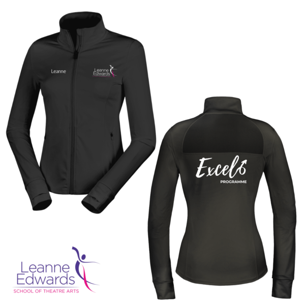 Front view of a fitted black jacket with the LESTA logo on the front and the back view of the black jacket featuring the Excel logo in the top left corner.